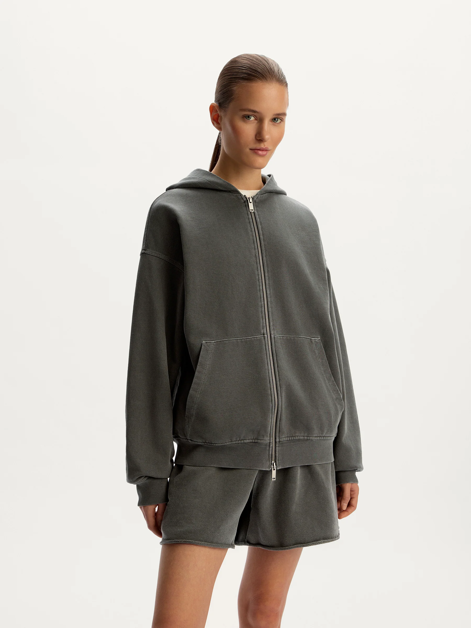 Garment-dyed terry zip hoodie